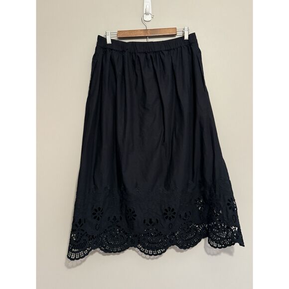 Talbots Embroidered Poplin Skirt Midi Maxi Fit Flare Full Black Pocket Cotton 8 - Picture 11 of 13